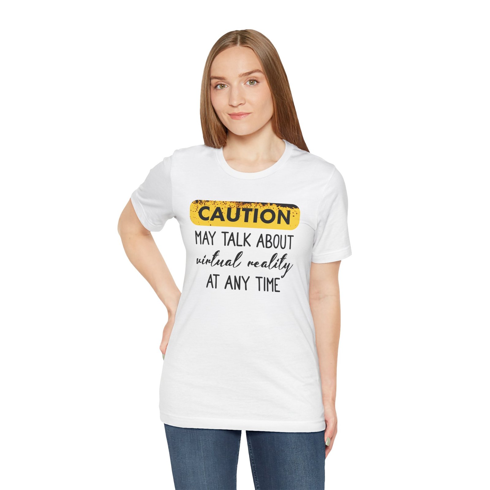 Caution: May Talk About Virtual Reality Tee, Fun Graphic T-Shirt, Gift for Gamers, Unisex Casual Wear, Perfect for Tech Lovers, VR Gaming Apparel - Image 3