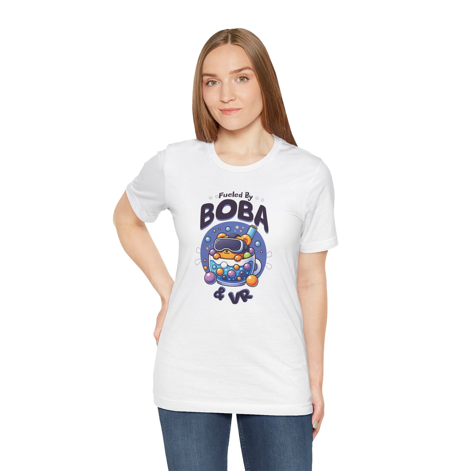 Fueled by Boba & VR Short Sleeve Tee, Fun Unisex T-Shirt, Perfect Gift for Gamers, Bubble Tea Lovers, Virtual Reality Casual Wear - Image 3