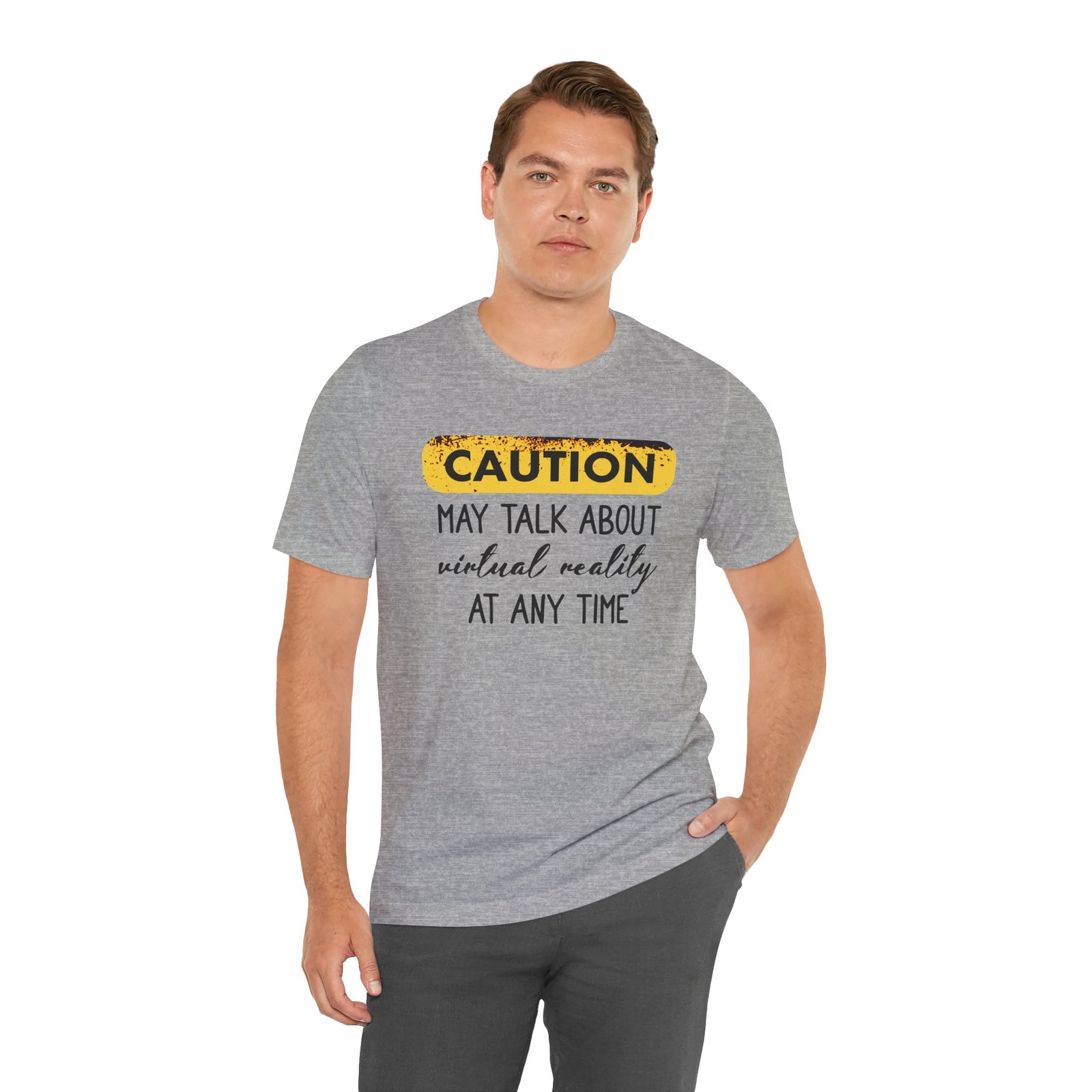 Caution: May Talk About Virtual Reality Tee, Fun Graphic T-Shirt, Gift for Gamers, Unisex Casual Wear, Perfect for Tech Lovers, VR Gaming Apparel - Image 10