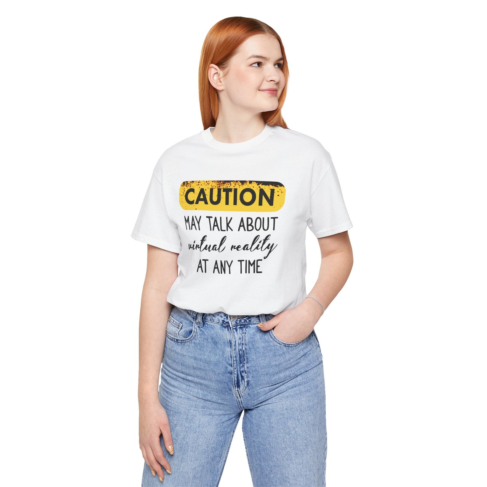 Caution: May Talk About Virtual Reality Tee, Fun Graphic T-Shirt, Gift for Gamers, Unisex Casual Wear, Perfect for Tech Lovers, VR Gaming Apparel - Image 5