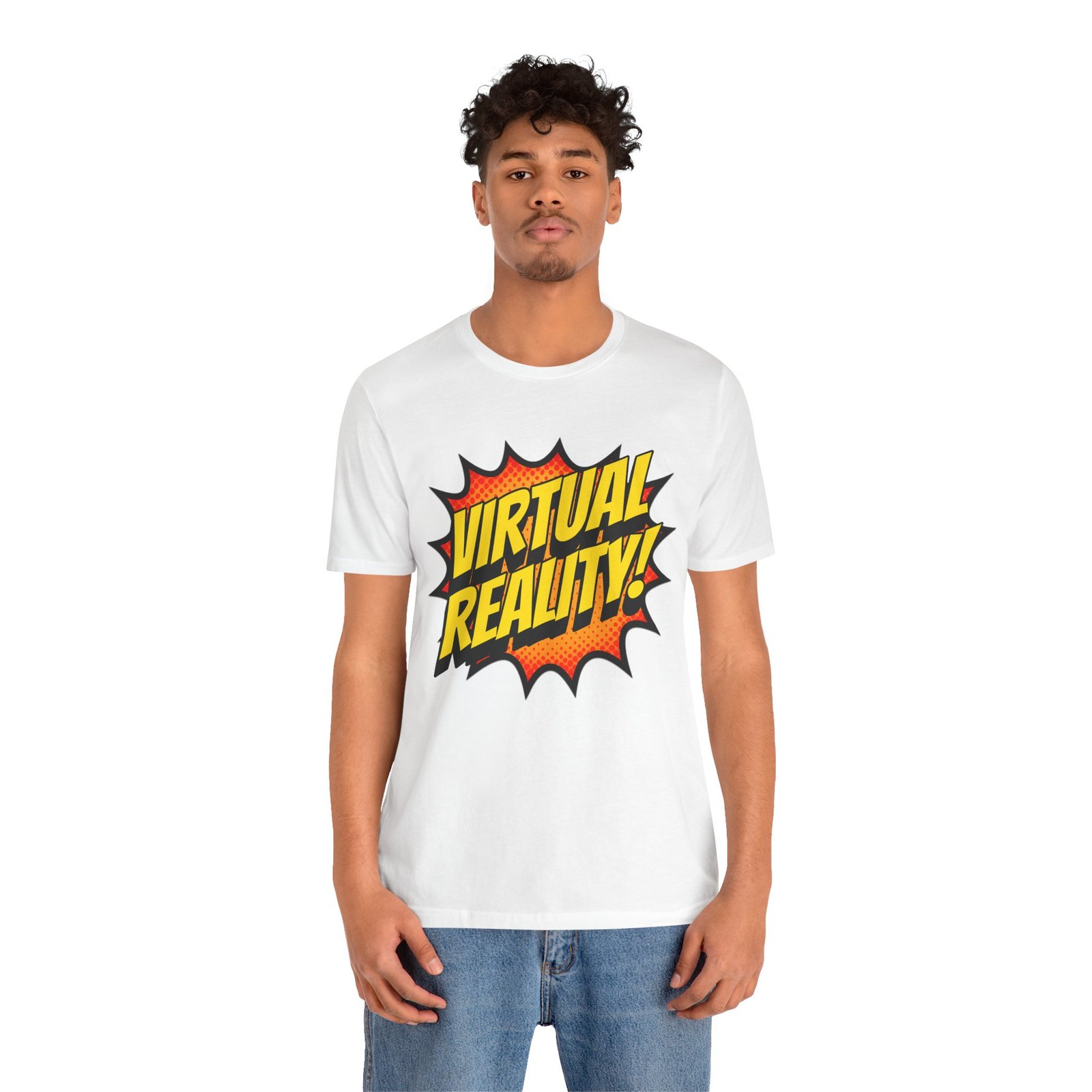 Virtual Reality Comic Burst Unisex Jersey, Short Sleeve VR Tee, Superhero Gamer T-Shirt - Image 2