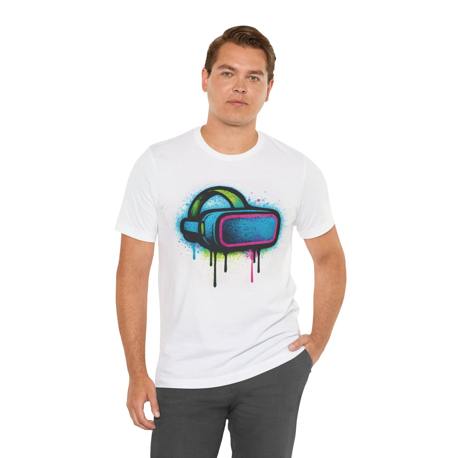 Graffiti VR Headset Graphic Tee, Stylish Gift for Gamers, Unisex Virtual Reality Shirt, Street Art, Urban, Edgy, Tech Enthusiast Apparel - Image 3