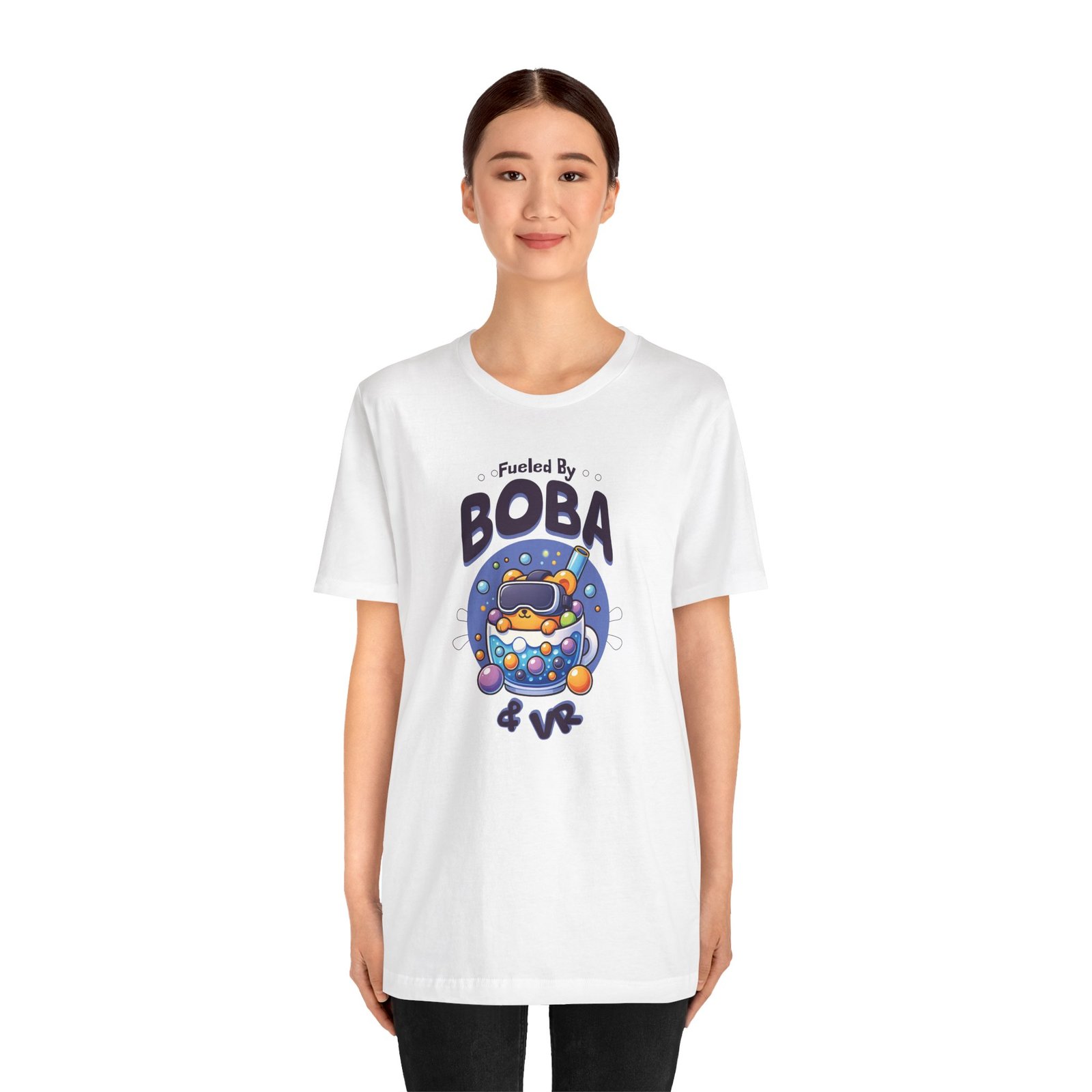 Fueled by Boba & VR Short Sleeve Tee, Fun Unisex T-Shirt, Perfect Gift for Gamers, Bubble Tea Lovers, Virtual Reality Casual Wear - Image 2