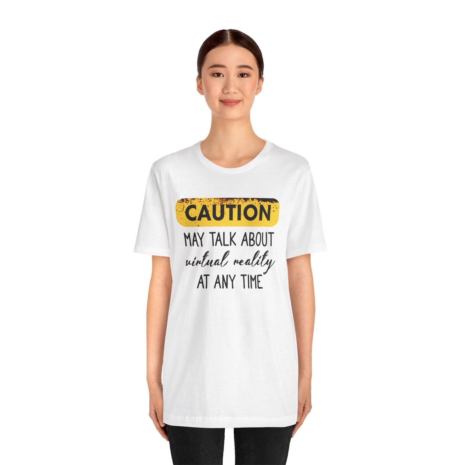 Caution: May Talk About Virtual Reality Tee, Fun Graphic T-Shirt, Gift for Gamers, Unisex Casual Wear, Perfect for Tech Lovers, VR Gaming Apparel - Image 2
