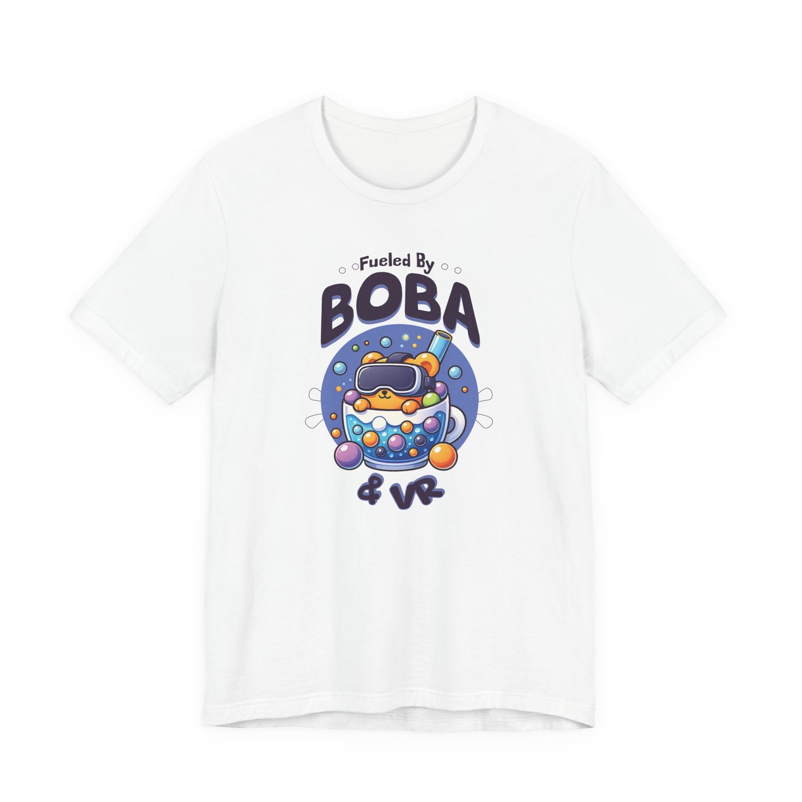 Fueled by Boba & VR Short Sleeve Tee, Fun Unisex T-Shirt, Perfect Gift for Gamers, Bubble Tea Lovers, Virtual Reality Casual Wear