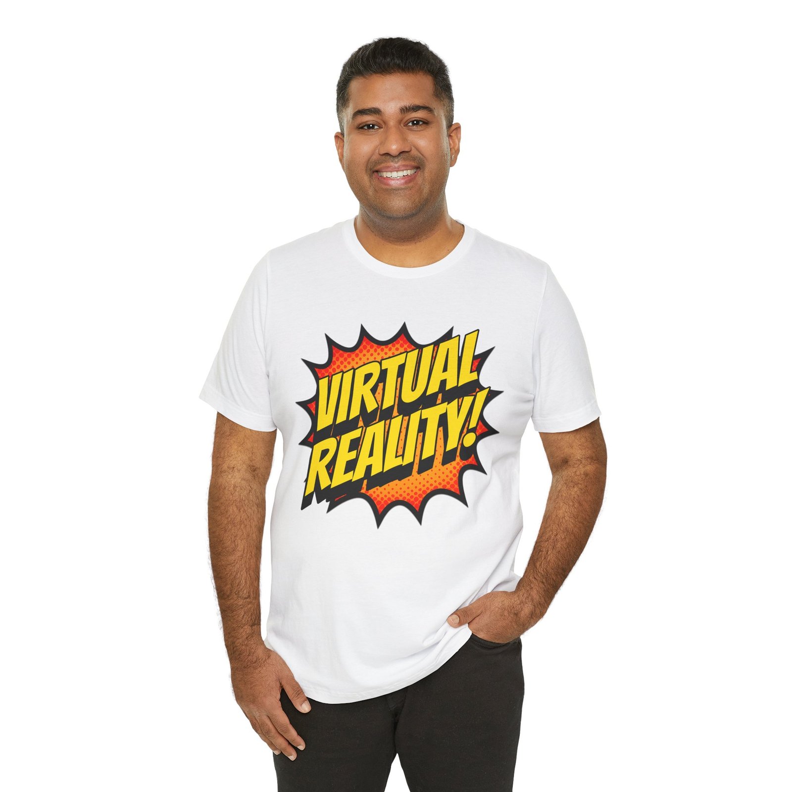 Virtual Reality Comic Burst Unisex Jersey, Short Sleeve VR Tee, Superhero Gamer T-Shirt - Image 4